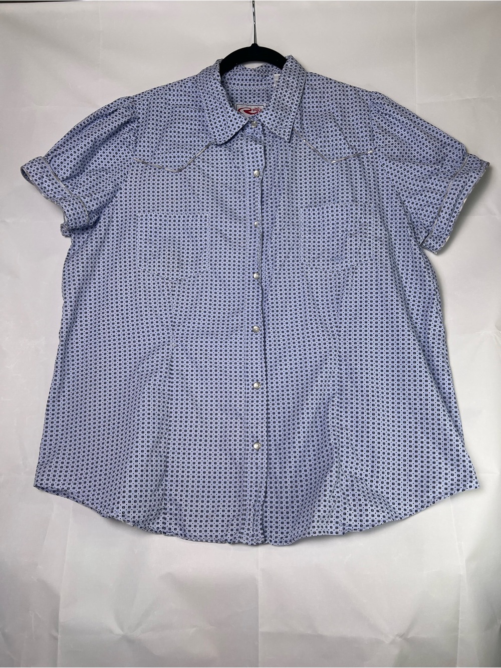 Roper Western Shirt Womens 1X Blue Geometric Print Pearl Snap Puff Sleeve Rodeo